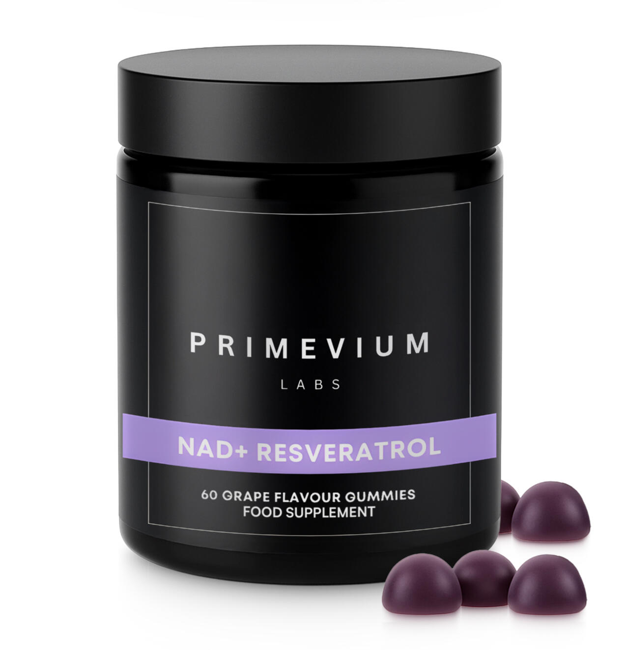 Primevium Labs NAD+ gummies jar styled against a clean, neutral wellness background.