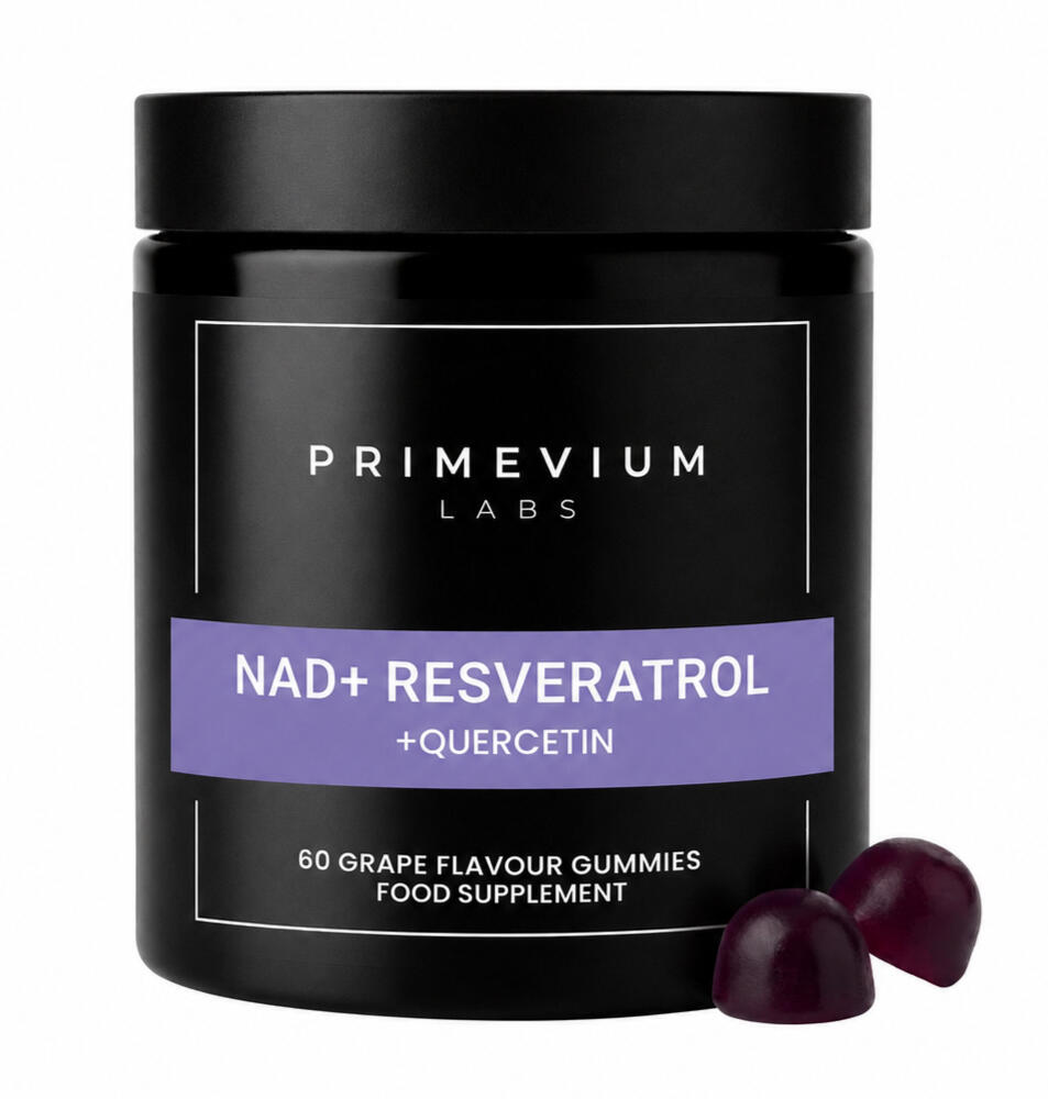 Primevium Labs NAD+ gummies jar styled against a clean, neutral wellness background.